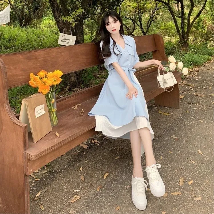 V-Neck Long Dress Korean Fashion Robe Playa Summer Dresses