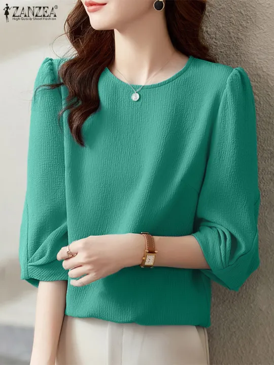 Autumn%20Spring%20Women%20Blouses%202023%20ZANZEA%20Solid%20Tops%203/4%20Sleeved%20Office%20O-Neck%20Shirts%20Blusas%20Casual%20Streetwear%20Female%20Tunic%20House%20Foocus%20-%20Image%202