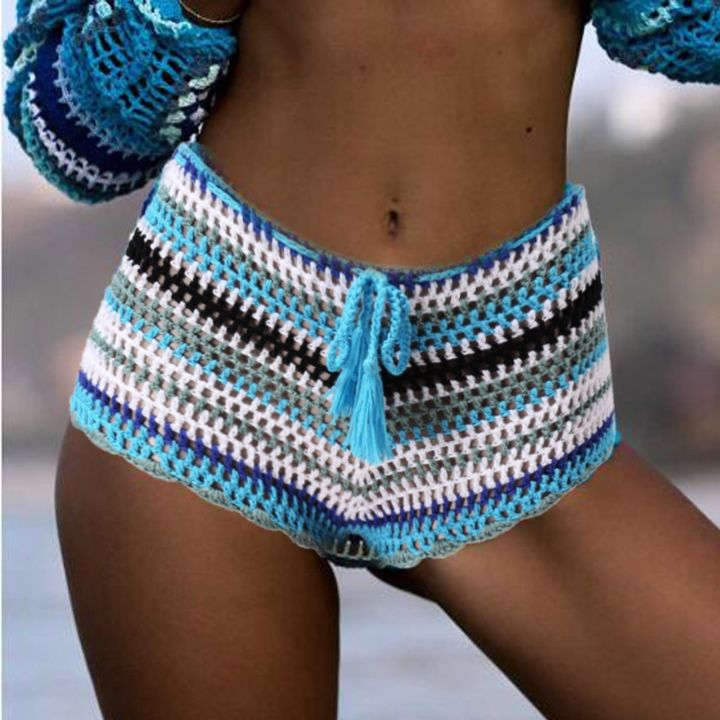 Summer%20Shorts%20Crochet%20Bikini%20Shorts%20Bottom%20Boho%20Women%20Pants%20Beach%20Wear%20Bikni%20Cover%20Up%20Drawstring%20High%20Waist%20Shorts%20Swimwear%20-%20Image%204