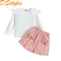 DSstyles 2 Pieces Baby Girls Skirt Set Cute Long Flying Sleeves Round Neck Tops Pleated Skirt With Bowknot Cotton Outfits For Girls.