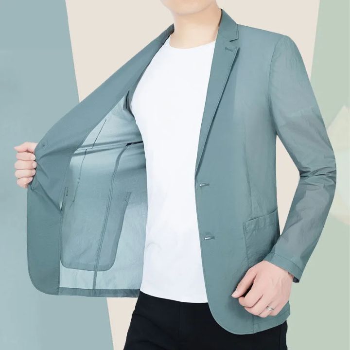 Summer Sun Protection Suit Jacket Men Casual Ice Silk Tops Solid Coat Single Breasted Pocket Blazer Korean Fashion Clothes 2023