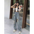 High Waist American Hot Girl Washed Make Old Ripped Jeans Women's Straight Loose Slimming Drooping Wide-Leg Pants.