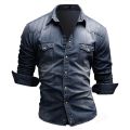 Men's Slim Fit Casual Long Sleeve Shirt Fashion Motorcycle Long Sleeve Coat European and American Vintage Denim Shirt. 