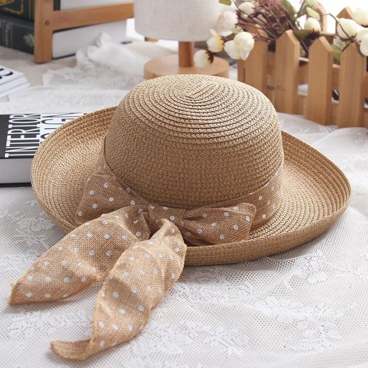 LaMaxPa New Fashion Dot Ribbon Hat Foldable Sun Hat Small