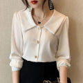 White Chiffon Shirt Women Long Sleeve Bandage Dress Chic Top 2023 Spring New Sweet Korean Style Peter Pan Collar Blouse.