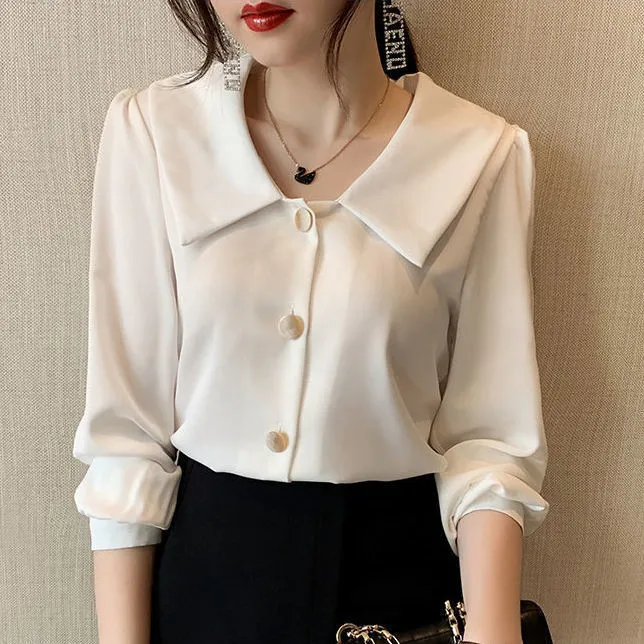 White%20Chiffon%20Shirt%20Women%20Long%20Sleeve%20Bandage%20Dress%20Chic%20Top%202023%20Spring%20New%20Sweet%20Korean%20Style%20Peter%20Pan%20Collar%20Blouse%20-%20Image%204
