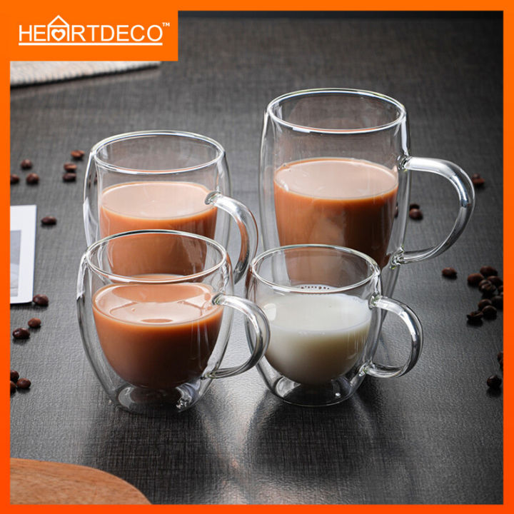 【Ready Stock】Double Wall Glass Cup Heat Resistant Coffee Glass Cup Double Layer Mug for Coffee Milk Tea Drinks Insulated Handle Cup Set Cawan Kaca Kopi