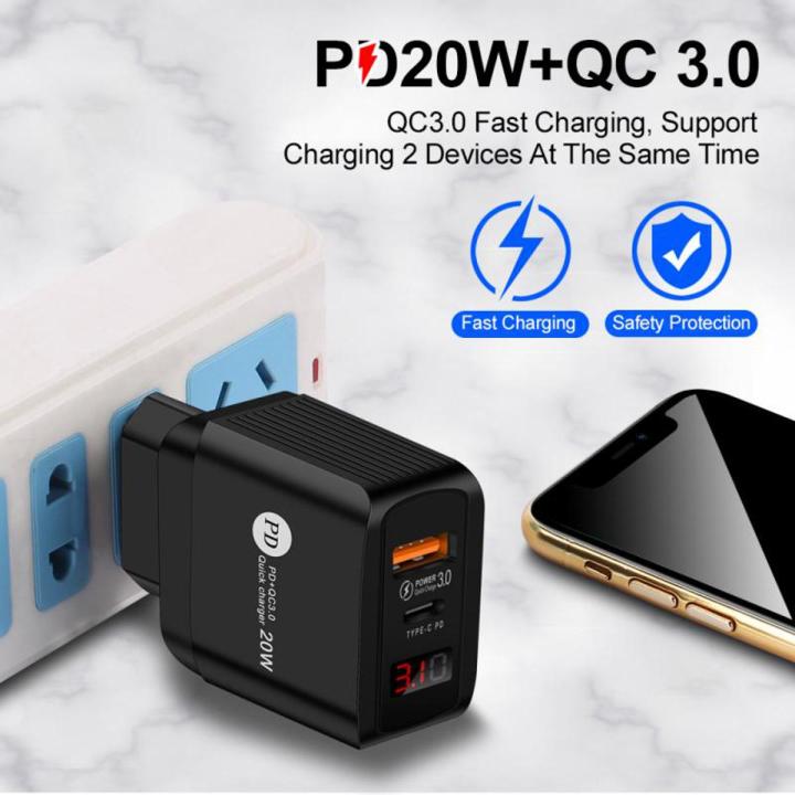 Dual-port Screen Display Mobile Phone Charging Head 20WPD+QC Digital Display Fast Charging Wall Phone Charger For IPhone