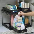 2 Tier Under Sink Organizer Sliding Cabinet Basket Organizer Storage Rack Hooks Hanging Cup Bathroom Kitchen Organizer.