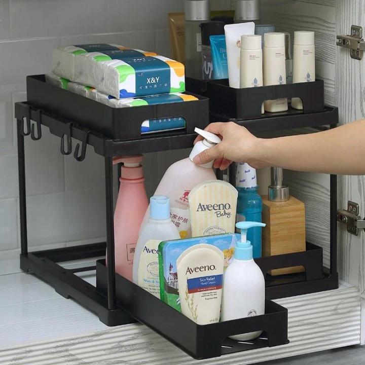 2 Tier Under Sink Organizer Sliding Cabinet Basket Organizer Storage Rack Hooks Hanging Cup Bathroom Kitchen Organizer