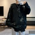 Solid Color Sweater Ripped Hole Sweater Streetwear Men's Sweater Hop Style Ripped Two-piece Design Knitted Round Neck Soft Warm.