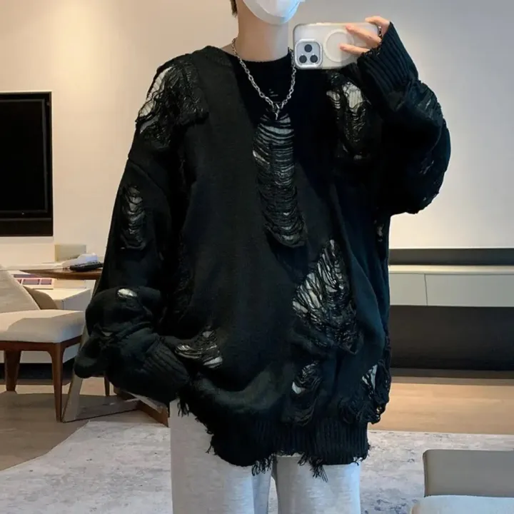 Solid%20Color%20Sweater%20Ripped%20Hole%20Sweater%20Streetwear%20Men's%20Sweater%20Hop%20Style%20Ripped%20Two-piece%20Design%20Knitted%20Round%20Neck%20Soft%20Warm%20-%20Image%205