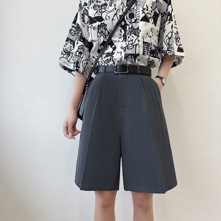 Women%20Summer%20Solid%20High%20Waist%20Shorts%20Loose%20Korean%20Style%20Fashion%20Vintage%20Female%20Knee%20Length%20Straight%20Wide%20Leg%20Suit%20Pants%20-%20Image%204