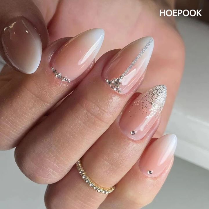24pcs Pink Gradient Nails Almond Glitter Diamond Design False Nails Art Full Coverage Waterproof Artificial Press on Nail