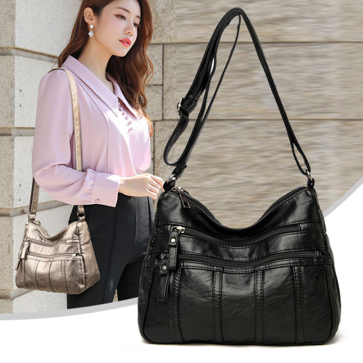 Crossbody Bag Women's 2020 New Soft PU Fashion Versatile Bag Multi-layer Korean Version Simple Washed Leather One Shoulder