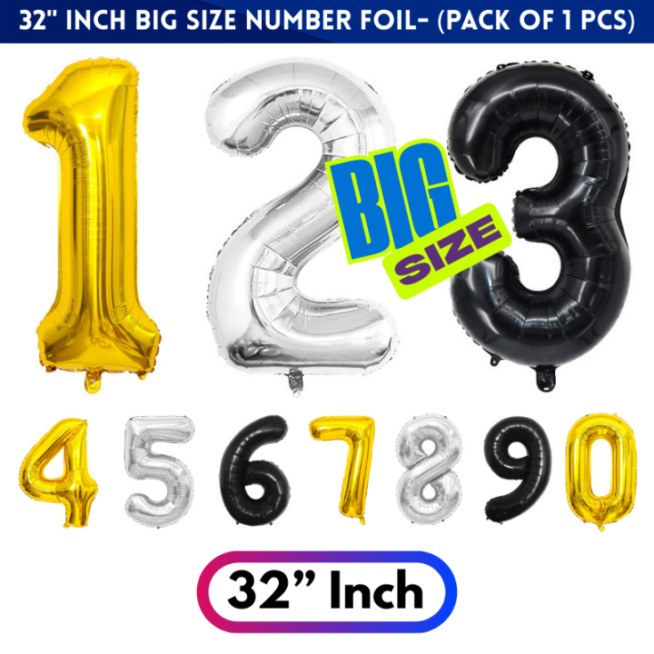 32” Inch Number Foil Balloon | Big Size Golden, Silver & Black Number Foil Balloon for Birthday, Anniversary & Party Decor- (Pack of 1 Pcs)