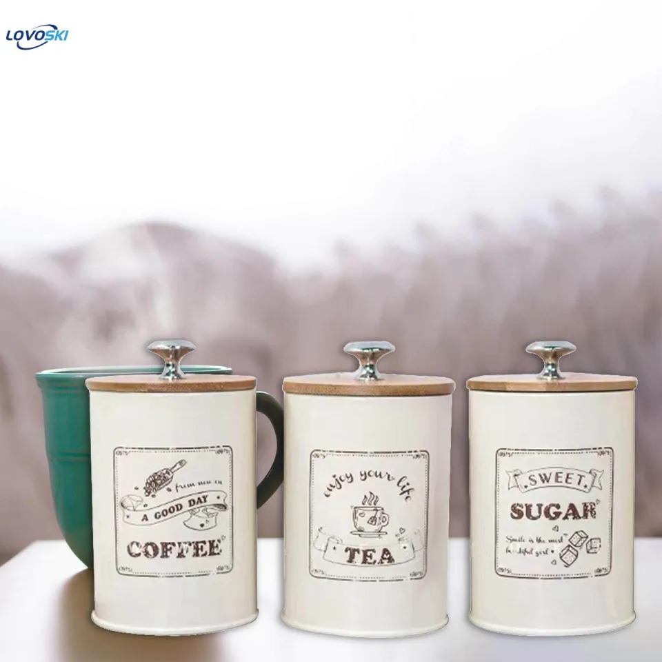 3x Tea Coffee Sugar Canisters Set with Lid Kitchen Storage Jar