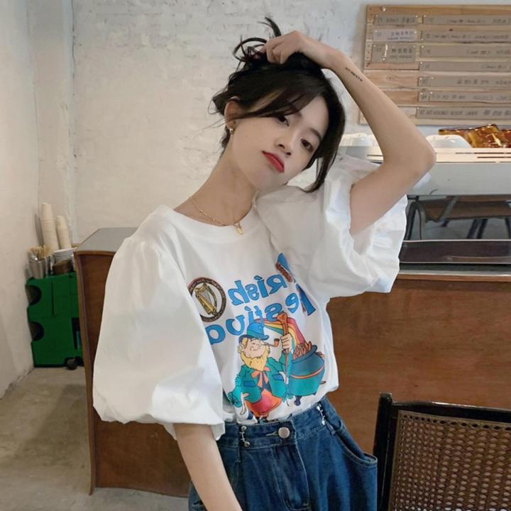 IELGY Korean style white cartoon print short sleeve t-shirt women loose