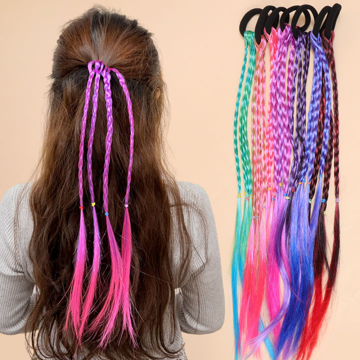 1/7Pcs Synthetic Colorful Braids Hair Extensions With Rubber Bands Rainbow Braided Ponytail Hairpieces Hair Accessories For Kids Girls