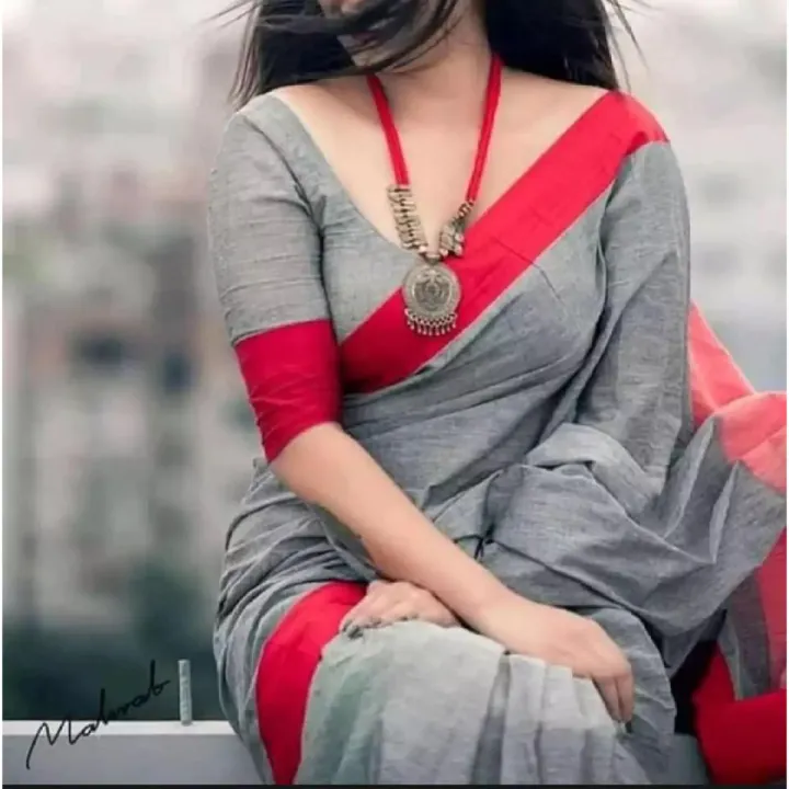 Ash & red colour soft cotton saree for women