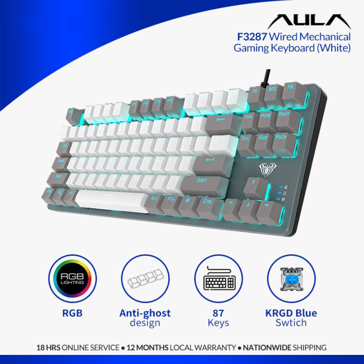 AULA F3287 Wired TKL Rainbow Mechanical Gaming Keyboard, 80% Compact Tenkeyless 87 Keys Layout w/Tactile Blue Switches, White & Grey Mixed-Color Keycaps, Programmable Macro Keys