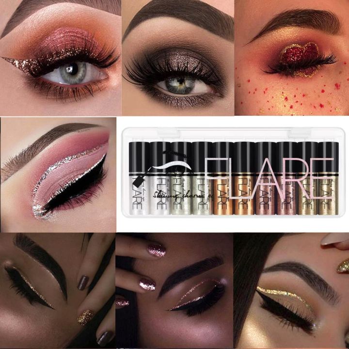 FLARE মেকাপ কম্বো সেট10 Pcs/Set Liquid Glitter Eyeshadow Palette- 10 Colors