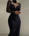 Rhinestone Contrast Mesh Long Sleeve Glitter Bodycon Dress Mock Neck Sheath Dresses for Women Elegant Long Dresses Autumn.