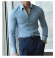 Men's Italian Collar Shirt, Wrinkle-free, Casual, Fashionable, Slim-fit with A Lapel Design, Branded Clothing, Youth, New.