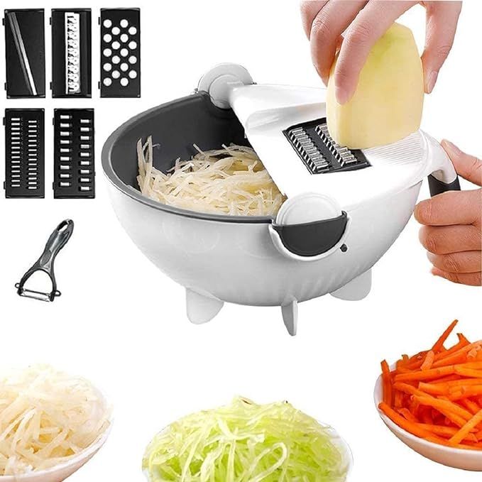 9 in 1 Wet Basket Vegetable Cutter - Multi-Function Vegetable Cutter with Drain Basket Magic Rotate Vegetable Cutter