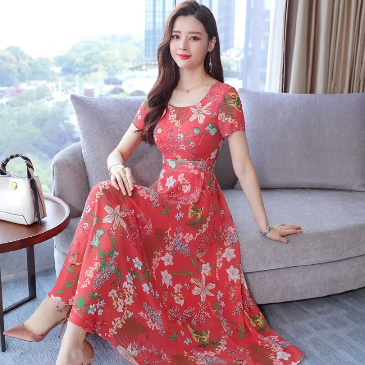 2022%20new%20summer%20Korean%20dress%20women's%20Casual%20Short%20Sleeve%20temperament%20large%20yellow%20red%20flower%20round%20neck%20dress%20-%20Image%202