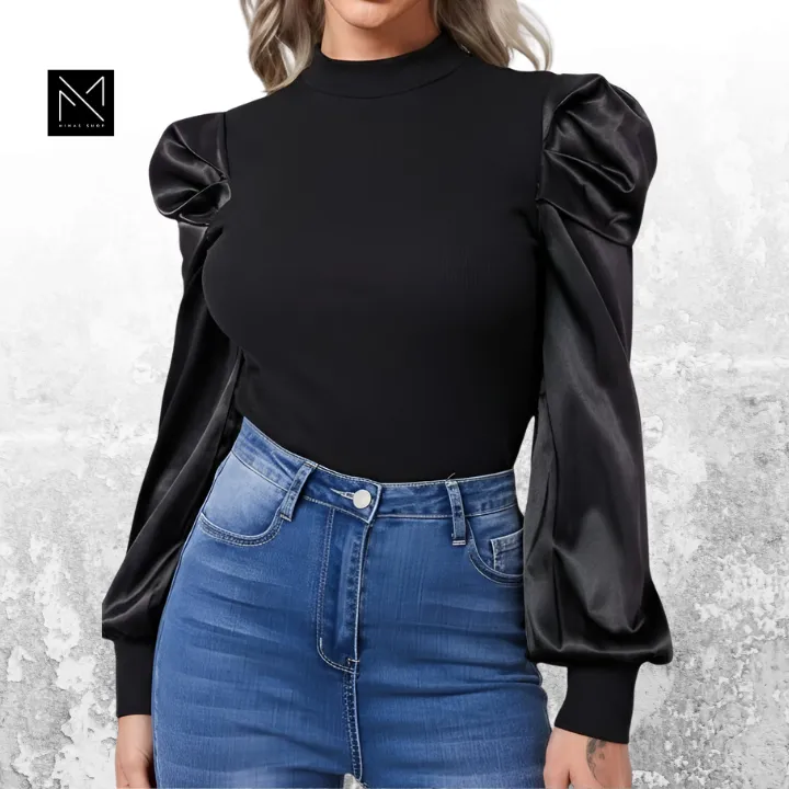 liz’s canteen - liz bair | instagram, facebook |... Women’s Black Puff Sleeve Top | Cotton Ribbed Body with Satin Silk ...