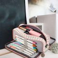 BRADOO- ANGOO 2 Pcs Large Pencil Case Big Capacity 3 Compartments Canvas Pencil Pouch, White Pink & Black. 
