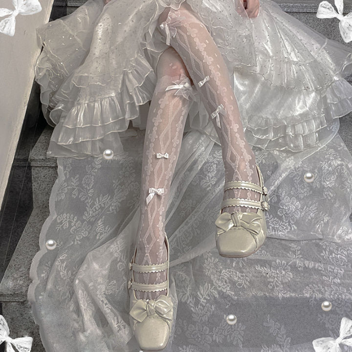 Lolita Cute Long White Bow Cross Print Over-the-Knee Stockings Women's Spring/Summer Thin Glass Filigree Transparent