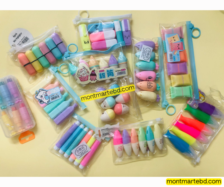 Cute Mini Highlighter 6pc Set Random Design 1pack.