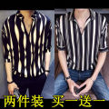 Online Red VIP Shirt Social Casual Korean Style Trend Hair Stylist Striped Pullover Shirt. 