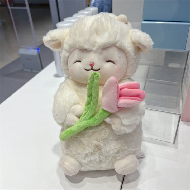 Lam Hold Tulip Sweet White Sheep Flower Soft Sugar Stuffed Hug Doll Plush Toy For Kid Girl Birthday Christmas Gift 1pc