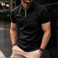 Men's Solid Color Polo Shirt Short Sleeve Zipper Collar Tshirts for Men Summer Turn-Down Streetwear New Male Jogger Tops. 