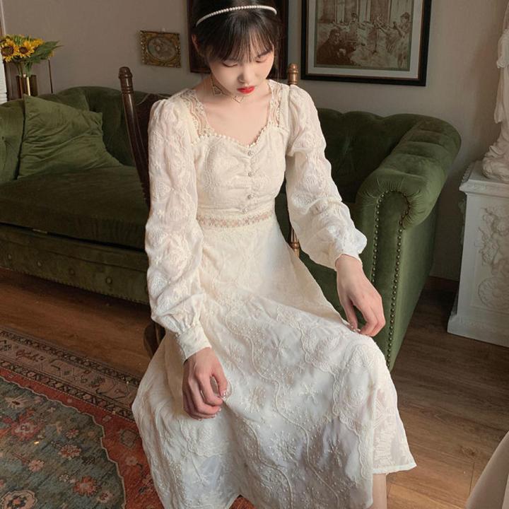 2023Spring-Summer NewinsSuper Fairy Slimming Embroidered Lace High-End Dress Women's French First Love Platycodon Grandiflorum Skirt
