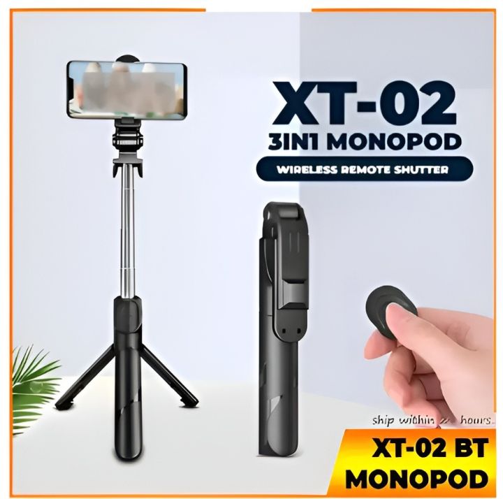 XT-02 3 In 1 Bluetooth Selfie Stick Horizontal and Vertical Shooting Mobile Phone Tripod Remote Control Selfie Stand for Making TikTok, Vlog Videos and Tripod Stand xt 02 Selfie Stick