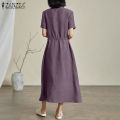 ZANZEA Korean Style Women Casual Short Sleeve Maxi Dress V Neck Drawstring Waist Side Pockets Dresses #8. 