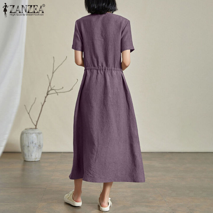 ZANZEA%20Korean%20Style%20Women%20Casual%20Short%20Sleeve%20Maxi%20Dress%20V%20Neck%20Drawstring%20Waist%20Side%20Pockets%20Dresses%20#8%20-%20Image%206