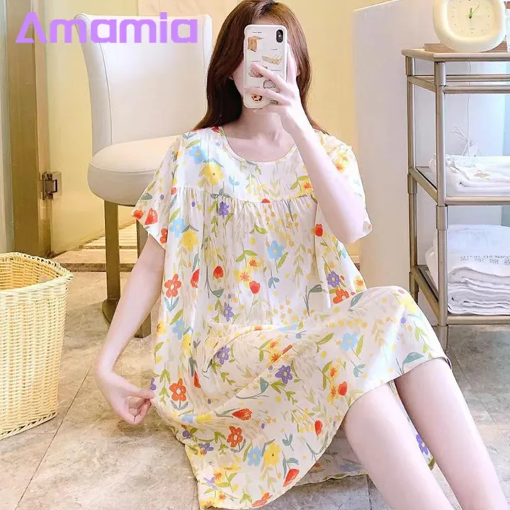 Casual%20Dress%20Floral%20Print%20Round%20Neck%20Nightdress%20for%20Women%20Comfortable%20Knee%20Length%20Homewear%20Midi%20Dress%20with%20Short%20Sleeves%20Casual%20Lady%20Nightgown%20for%20Women%20Cotton%20Silk%20Dress%20-%20Image%205
