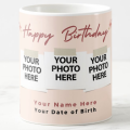 Customize Happy Birthday White Ceramic Mug With Your Photo, Name and Date of Birth. 