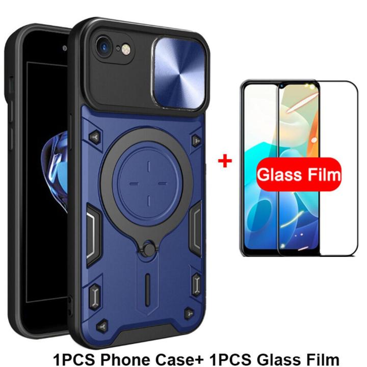 New Phone Case For iPhone 8 7 Se 2020 Cover Foldable 360 Degree Rotating Bracket Vehicle Mounted Sliding Hard Shockproof Rear Shell + Tempered Glass Screen Protector for iPhone 7 8 Se 2020 Case
