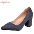 Aphixta Shoes Square Heel Women Pointed Toe Pumps Fashion Gray High Heels Flock Leather Black Party Shoes Plus Big size 47 48 50. 
