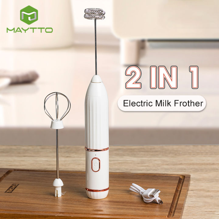 MAYTTO Mixer 2 IN 1 Milk Bubbler Household Hand-Held Electric Egg Beater Blender USB Rechargeable Foam Maker Kitchen Portable Mixer With Beating Head + Mixing Head For Coffee Cream