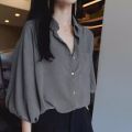 2024 Summer New Korean Style Fifth Sleeve Shirt Women's Chiffon Bishop Sleeves Top Retro Loose Solid Color Shirt Fashion.