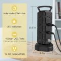 TESSAN US Multi Outlet Tower Power Strip with 14 AC Outlets 4 USB Surge Protector 6.5ft Retractable Extension Cable. 