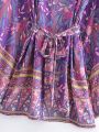 Purple Floral Print Sashes Bohemian Short Robe Kimino Dress for Women V Neck Batwing Sleeves Rayon Beach Boho Bikini Cover-ups.