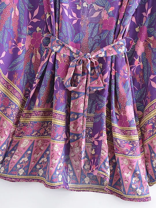 Purple%20Floral%20Print%20Sashes%20Bohemian%20Short%20Robe%20Kimino%20Dress%20for%20Women%20V%20Neck%20Batwing%20Sleeves%20Rayon%20Beach%20Boho%20Bikini%20Cover-ups%20-%20Image%204